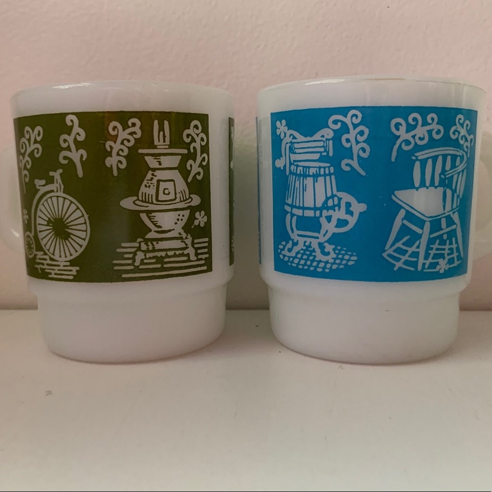 Pair of Fire King stacking milk glass D-handle mugs